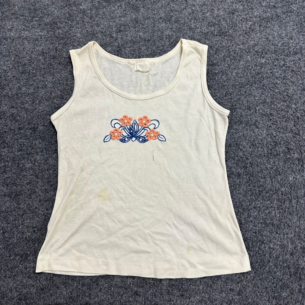 Vintage Tank Top Womens Small Cream Floral Embroidered Sleeveless Stained Fair